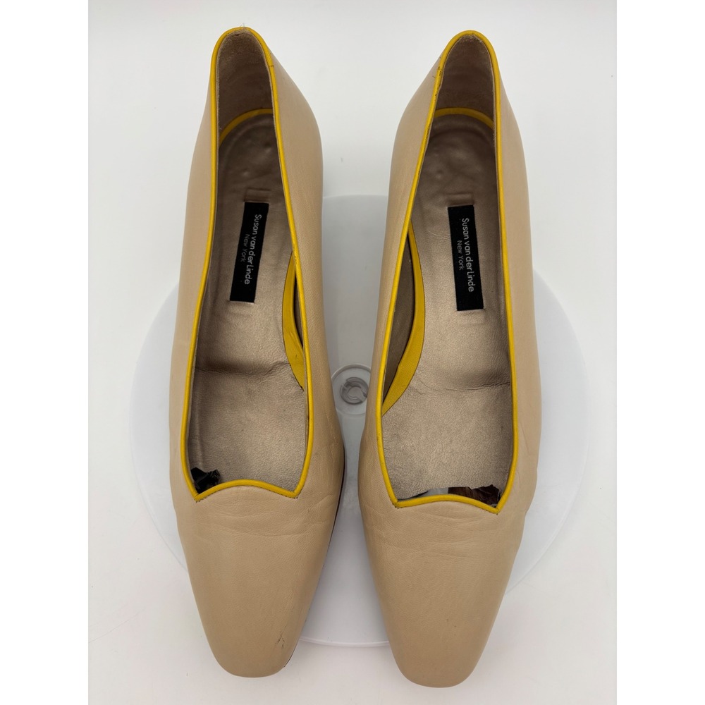 SUSAN VAN DER LINDE Leather Kitten Heel Pump Shoe Neutral Square 8.5 Yellow 39.5